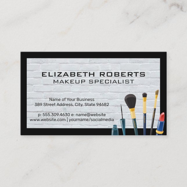 Makeup Brushes | Modern White Brick Wall Business Card (Front)