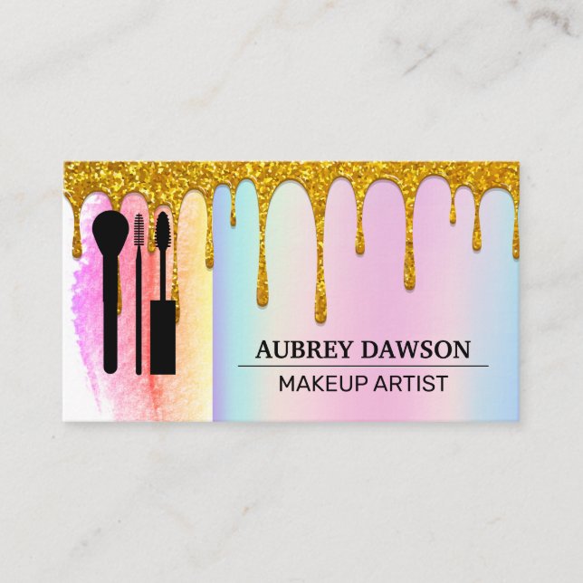 Makeup Brushes | Rainbow Blend | Gold Glitter Drip Business Card (Front)