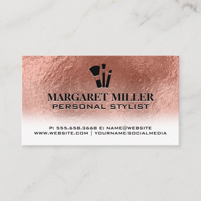 Makeup Brushes | Rose Gold Foil Metallic Business Card (Front)