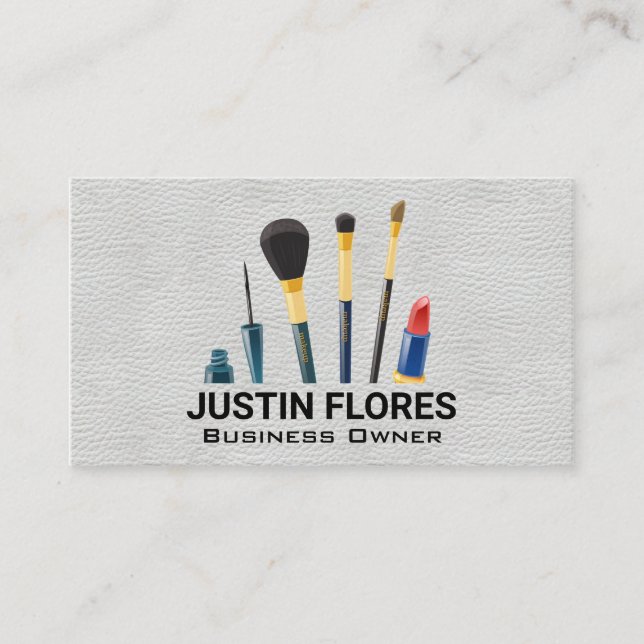 Makeup Brushes | White Leather Texture Business Card (Front)