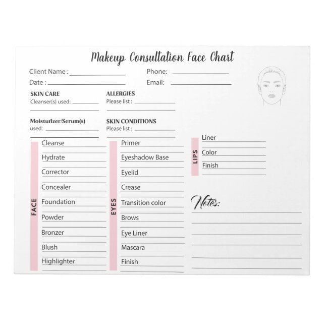 Makeup Consultation Face White and Pink Chart  Notepad (Front)