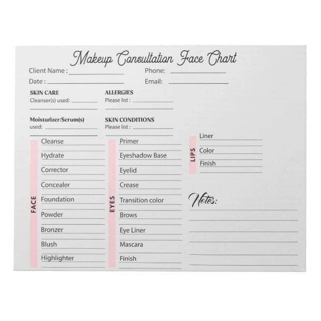 Makeup Consultation Face White and Pink Chart  Notepad (Front)
