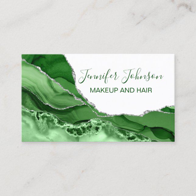 Makeup elegant typography green and silver agate business card (Front)