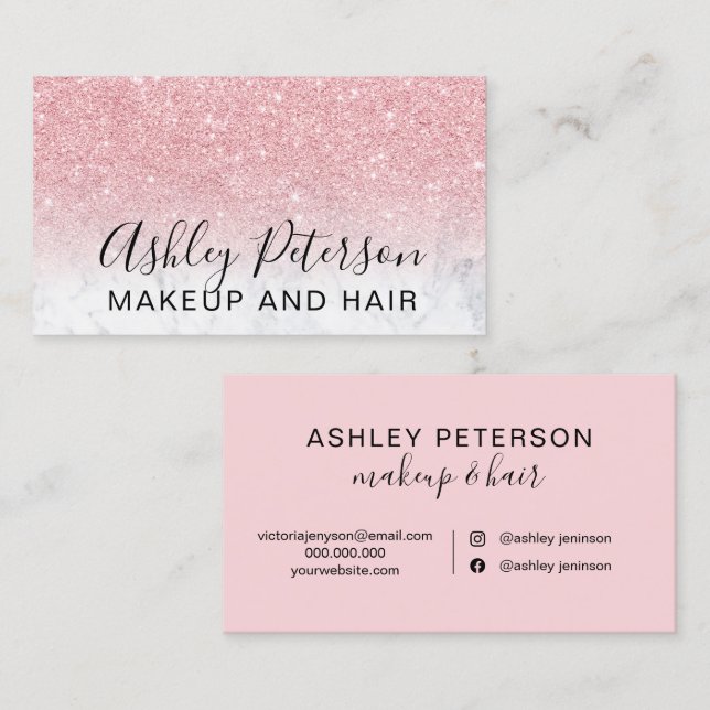 Makeup elegant typography marble pink glitter business card (Front/Back)