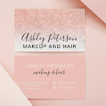 Makeup elegant typography marble rose gold glitter business card<br><div class="desc">An elegant modern,  stylish makeup artist and hair stylist business card with elegant modern simple  hand lettering style typography in white on a faux rose gold glitter andwhite marble trendy and elegant background. all text is customisable,  add your social media.</div>
