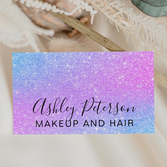 Makeup elegant typography pink blue purple glitter business card (Creator Uploaded)