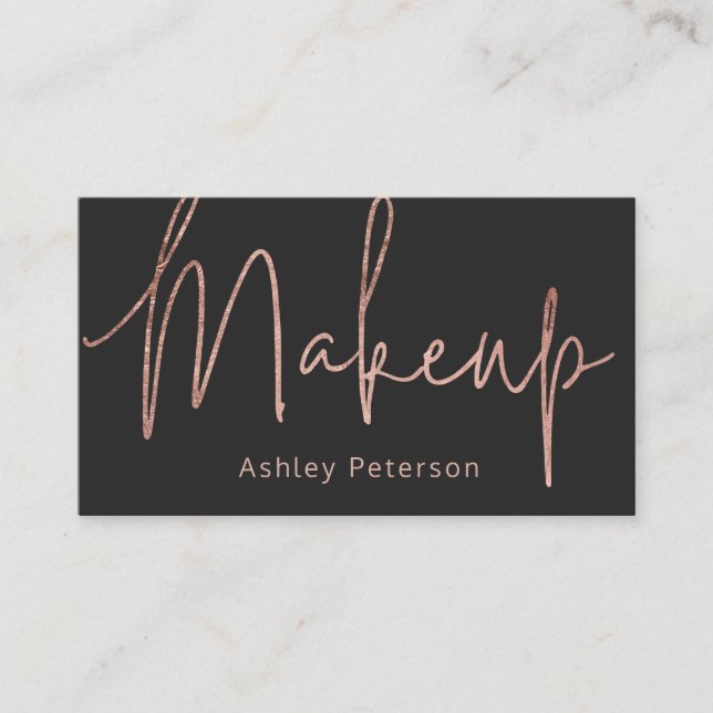 Makeup elegant typography rose gold grey business card (Front)
