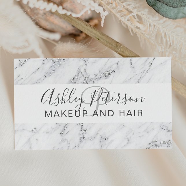 Makeup elegant typography silver glitter marble business card (Creator Uploaded)