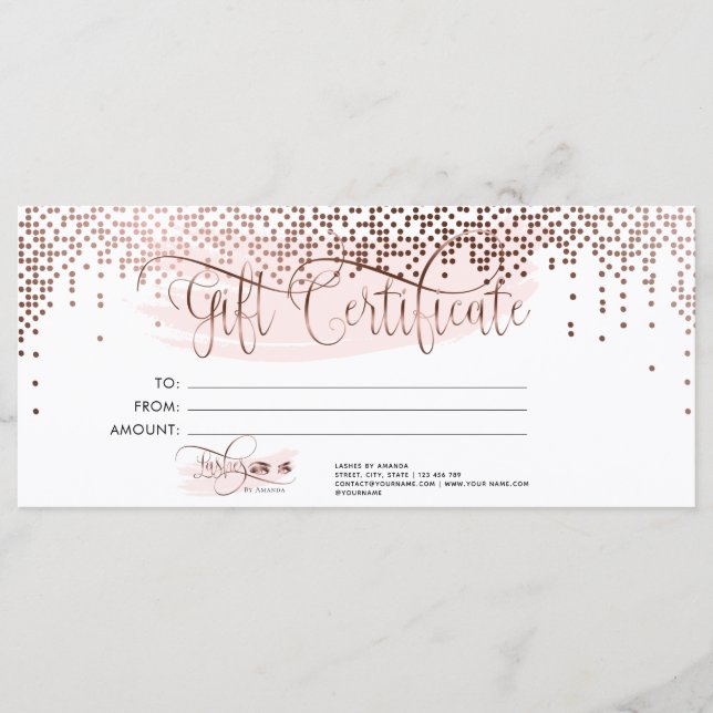 Makeup Eyebrow Eye Lash Rose Gold Gift Certificate Menu (Front)