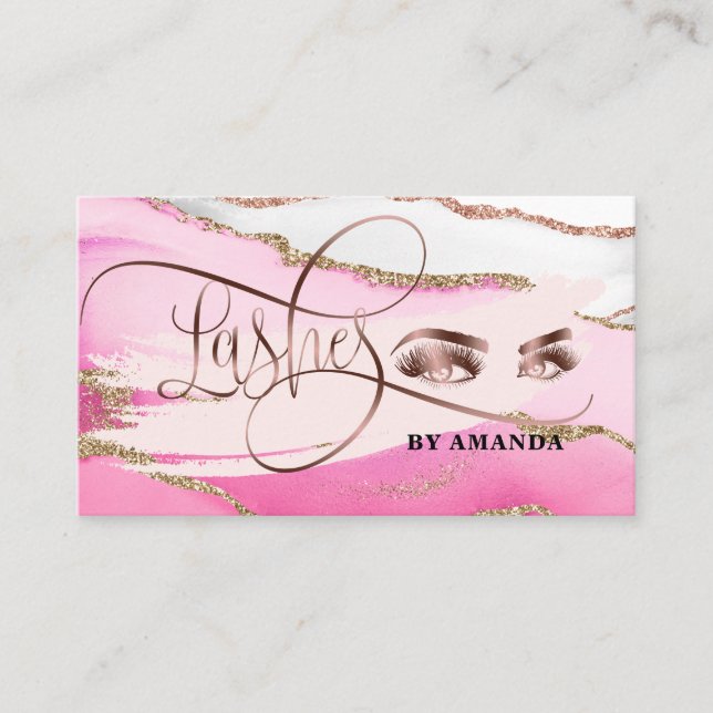 Makeup Eyebrow Eyes Lashes Pink Agate Business Card (Front)