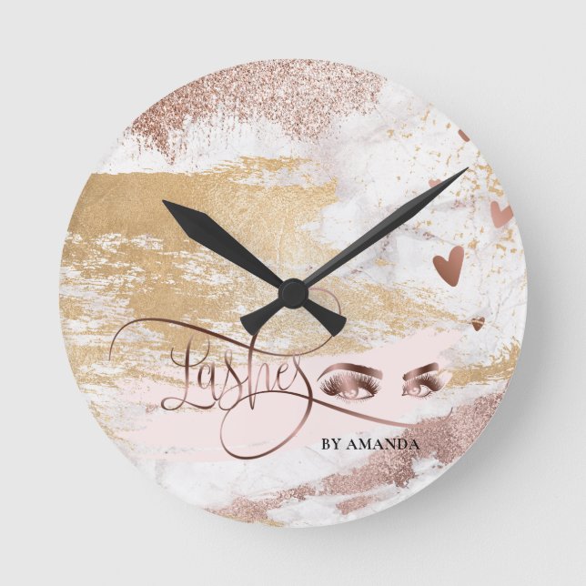 Makeup Eyebrow Eyes Lashes Rose Gold Brush Strokes Round Clock (Front)