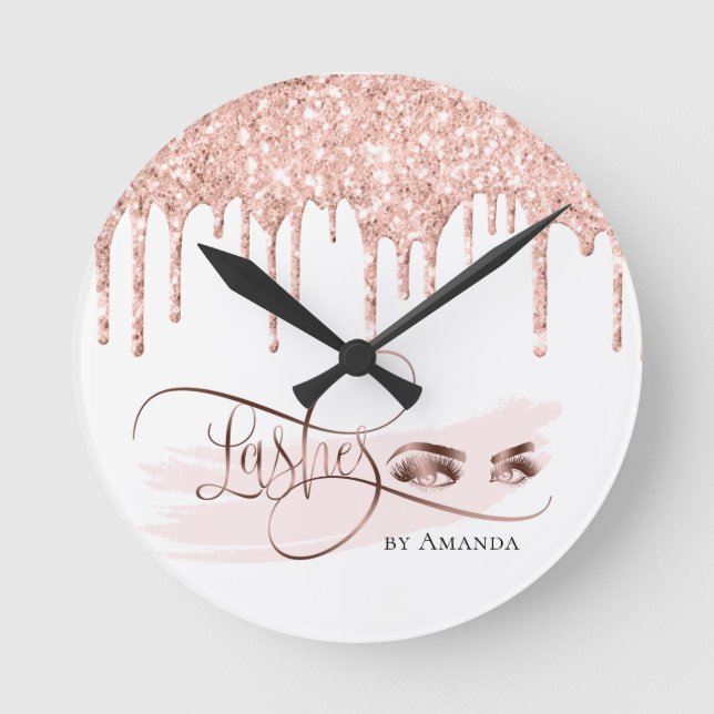 Makeup Eyebrow Eyes Lashes Rose Gold Round Clock (Front)