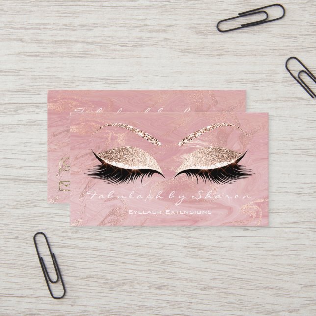 Makeup Eyebrow Lash Extension Glitter Marble Pink Business Card (Front/Back In Situ)
