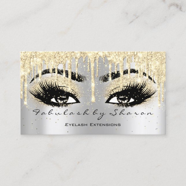 Makeup Eyebrow Lash Glitter Drip Grey Gold Spark Business Card (Front)