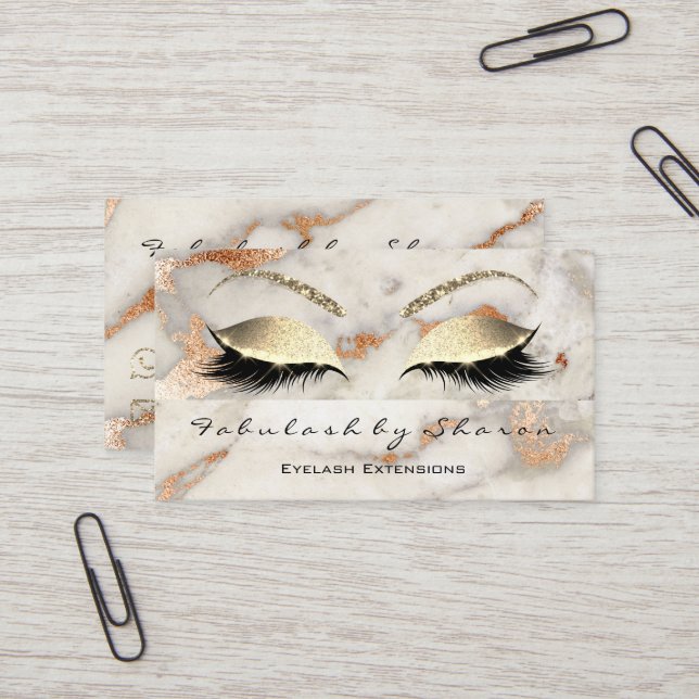 Makeup Eyebrow Lashes Glitter Copper Gold Marble Business Card (Front/Back In Situ)