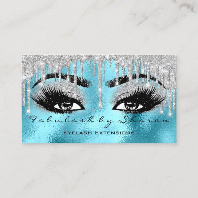 Makeup Eyebrow Lashes Glitter Drip Blue VIP Silver Business Card (Front)