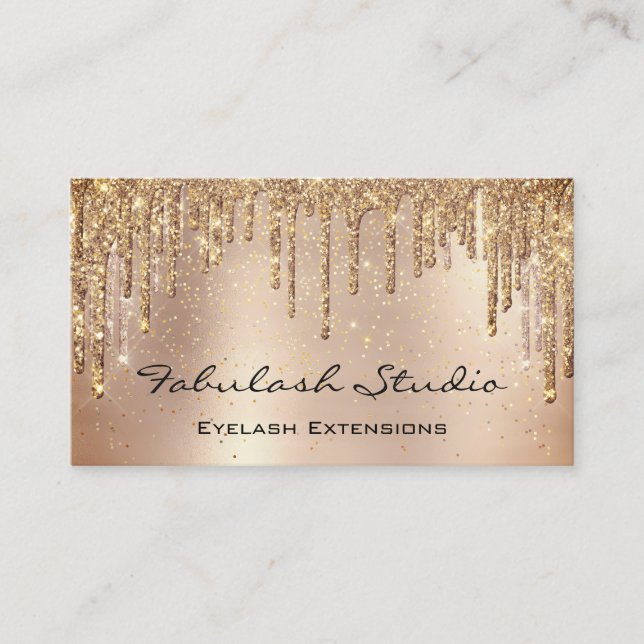 Makeup Eyebrow Lashes Glitter Rose Gold Drips Business Card (Front)