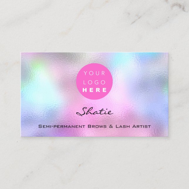 Makeup Eyebrow Logo Lash Holographic Pink Business Card (Front)