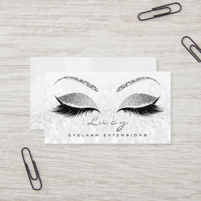 Makeup Eyebrow Name Lashes Glitter Grey Silver Business Card (Front/Back In Situ)