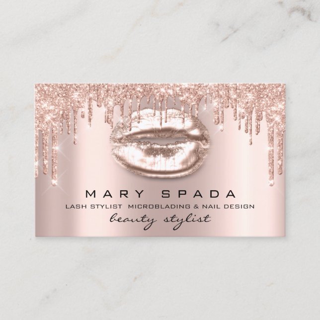 Makeup Eyebrows Lashes Gold Drips Kiss Lips Rose Business Card (Front)