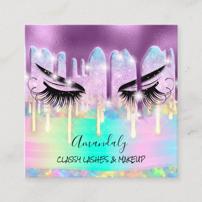 Makeup Eyelash Microblade Drips Logo Purple Spark Square Business Card (Front)