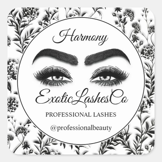 Makeup Eyelash Packaging Cleaner Floral Black Whit Square Sticker (Front)