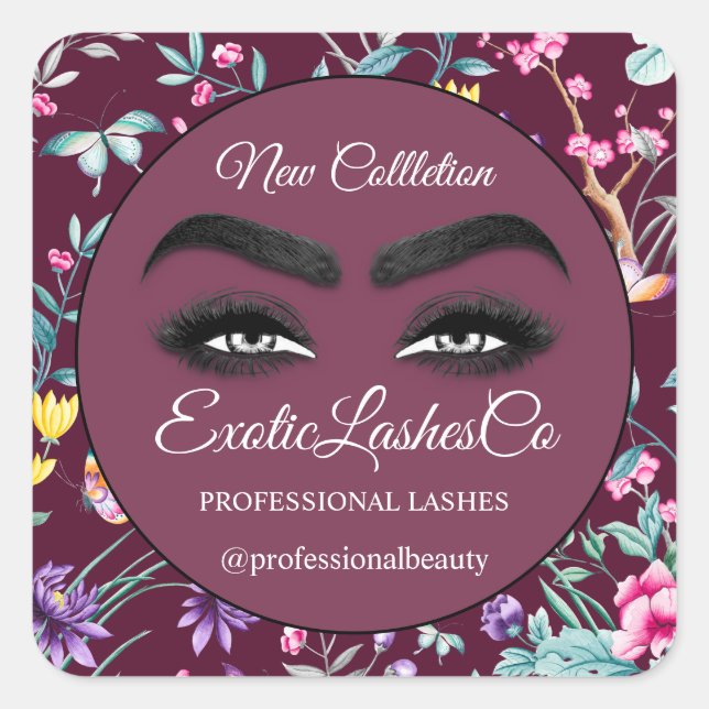 Makeup Eyelash Packaging Cleaner Floral Burgundy Square Sticker (Front)