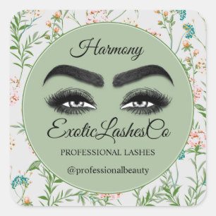 Makeup Eyelash Packaging Cleaner Floral MInt Green Square Sticker