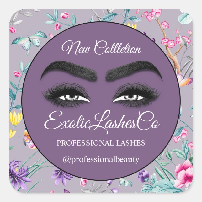 Makeup Eyelash Packaging Cleaner Floral Purple  Square Sticker (Front)
