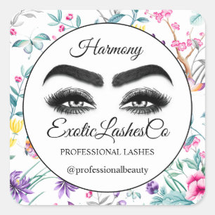 Makeup Eyelash Packaging Cleaner Floral White Square Sticker