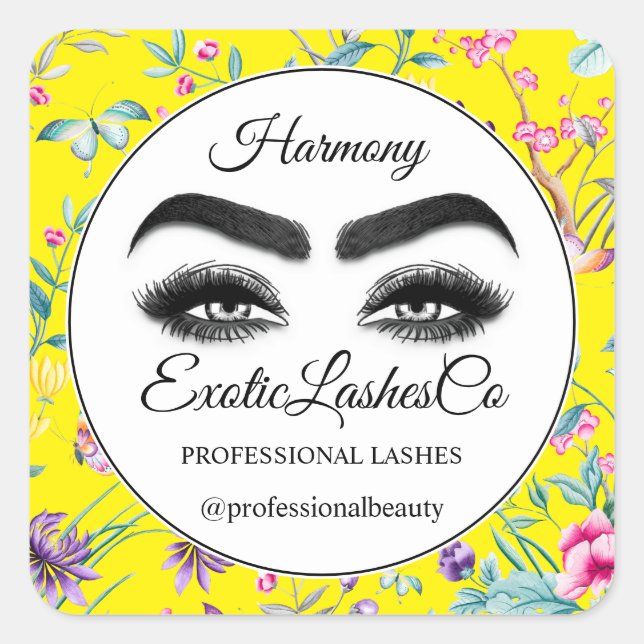 Makeup Eyelash Packaging Cleaner Floral Yellow Square Sticker (Front)
