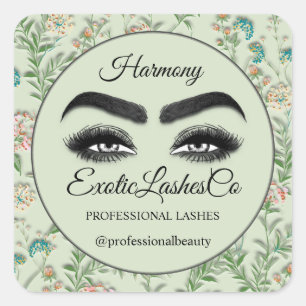 Makeup Eyelash Packaging Cleaner Florals Green Square Sticker