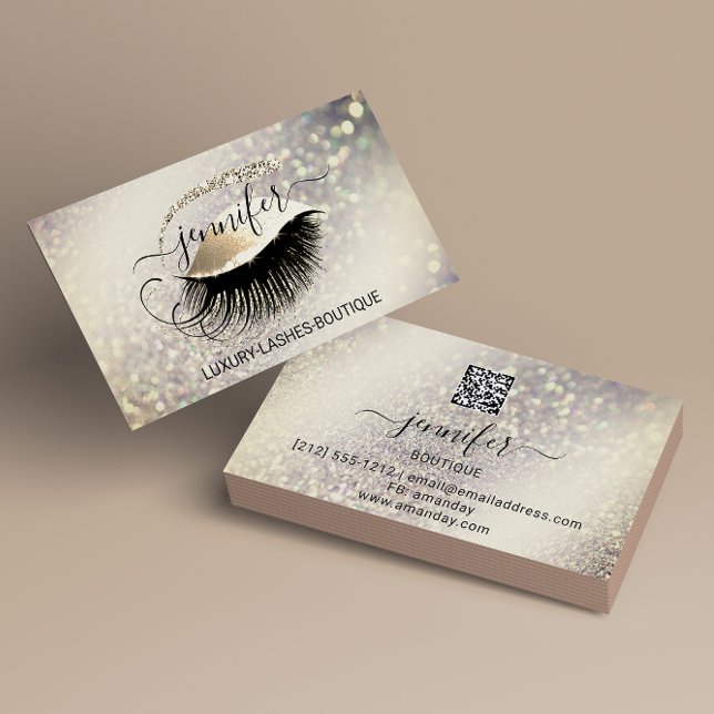 Makeup Eyelash QR Code Logo Glitter Lux  Gold Business Card (Creator Uploaded)