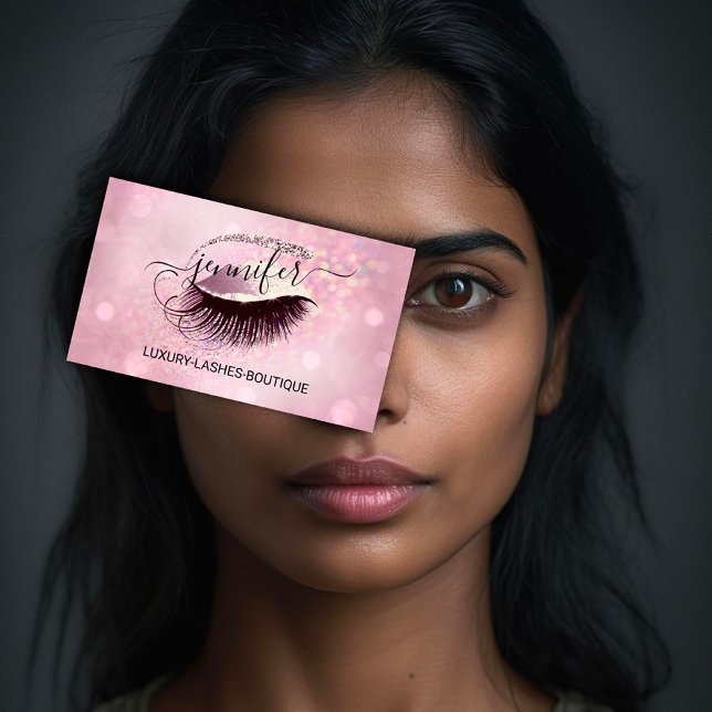 Makeup Eyelash QR Code Logo Glitter Pink Rose Glam Business Card (Makeup Eyelash QR Code Logo Glitter Pink Rose Glam Business Card)