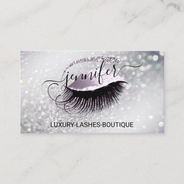 Makeup Eyelash QR Code Logo Glitter Smoky Silver Business Card (Front)
