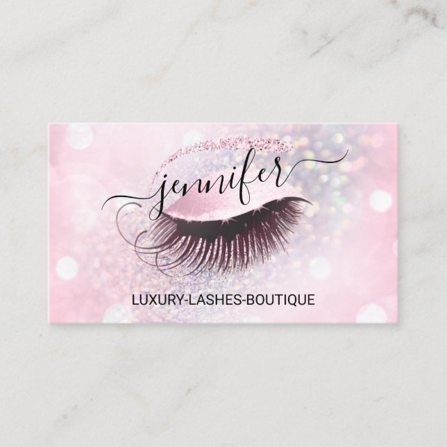 Makeup Eyelash QR Code Pink Glitter Eye Diamond Business Card (Front)