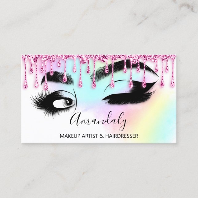 Makeup Eyelashes Brow QR CODE Logo Pink Drips Business Card (Front)