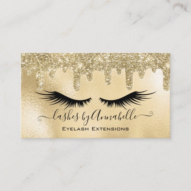 Makeup EyeLashes Sparkle Glitter Drip Blush Gold Business Card (Front)