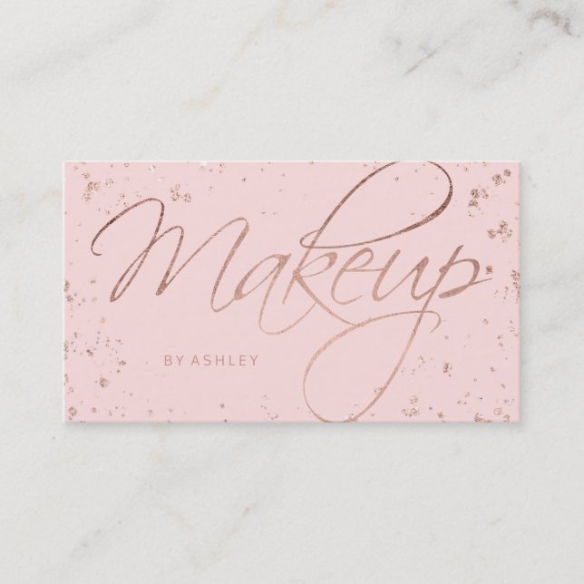 Makeup faux rose gold confetti script on pink business card (Front)