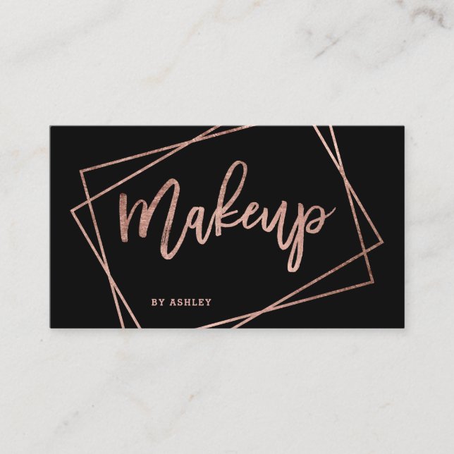Makeup faux rose gold script geometric business card (Front)