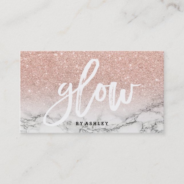 Makeup glow typography rose gold glitter marble business card (Front)