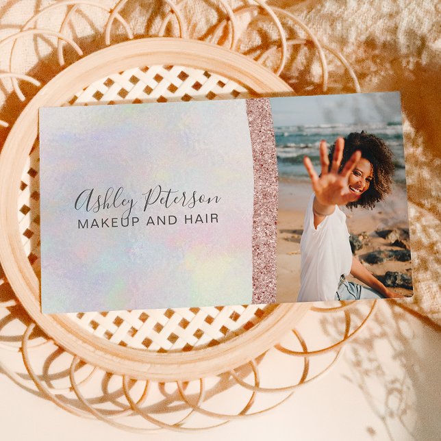 Makeup hair chic rose gold glitter pearl photo business card (Creator Uploaded)