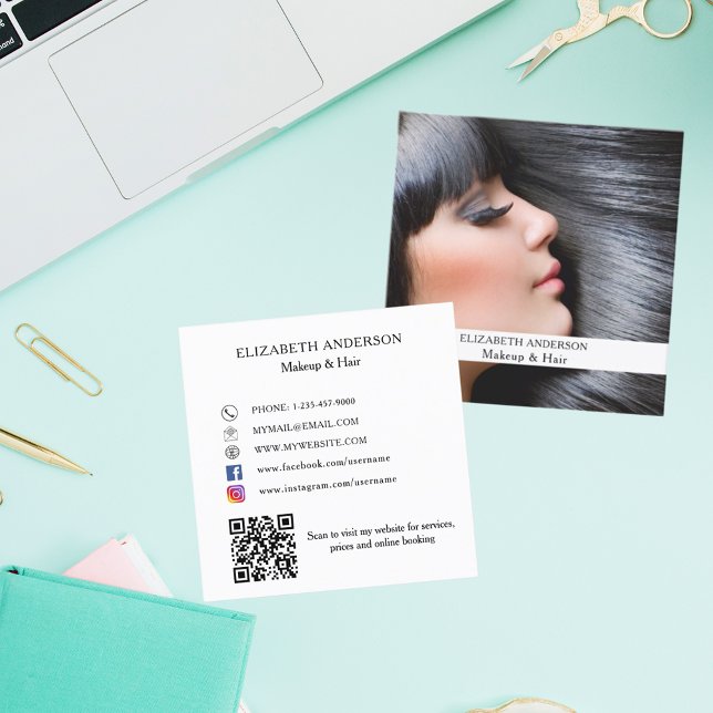 Makeup hair photo QR code social media Square Business Card (Creator Uploaded)