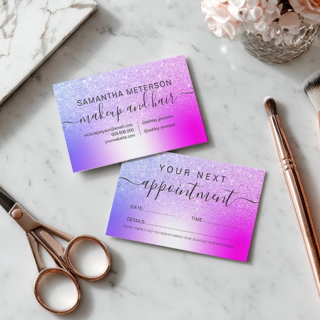 Makeup hair pink purple glitter metallic foil appointment card (Makeup hair pink purple glitter metallic foil appointment card)