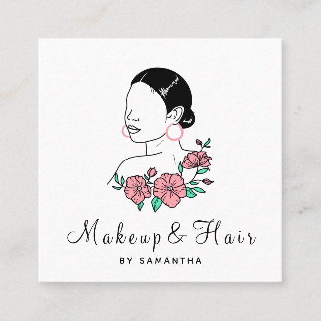 Makeup & Hair Pretty Latina Woman Floral Lady Girl Square Business Card (Front)