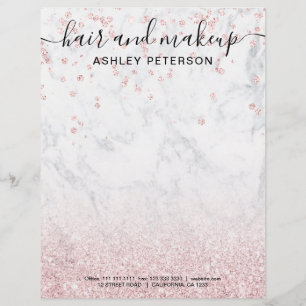 Makeup hair rose gold glitter marble confetti custom letterhead