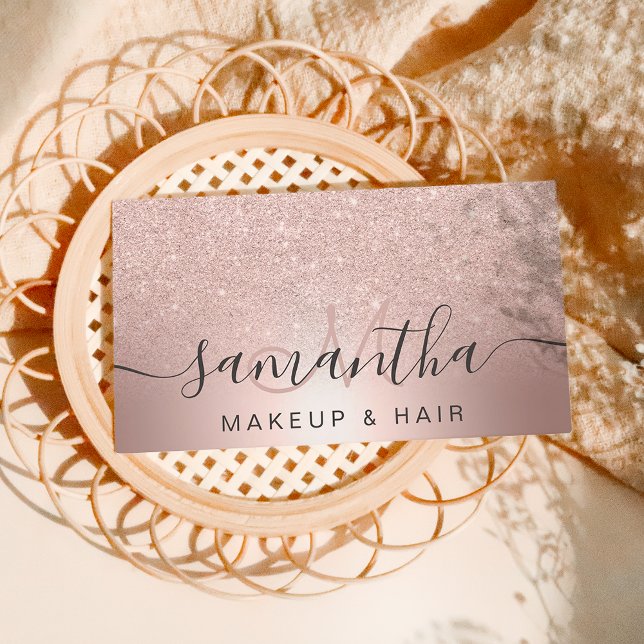Makeup hair Rose gold glitter ombre metallic foil Business Card (Creator Uploaded)