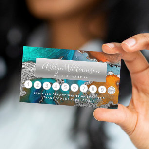 Makeup hair salon silver blue marble watercolor  loyalty card