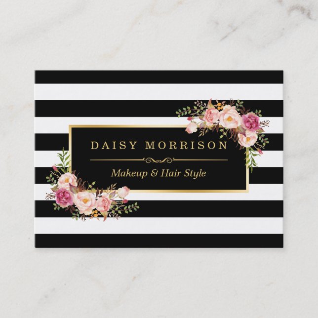 Makeup Hair Style Salon Elegant Gold Floral Decor Business Card (Front)