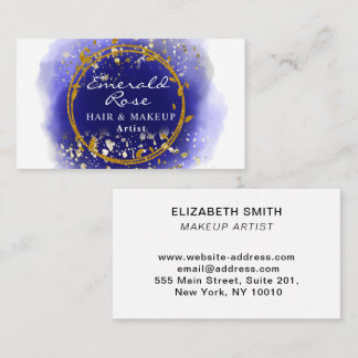 Makeup & Hair Stylist Artist Script blue and Gold Business Card